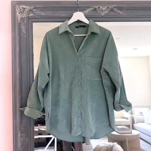 ZARA Fine Wales Corduroy Over Shirt Button Down Shacket Sea Green XS - Picture 5 of 11